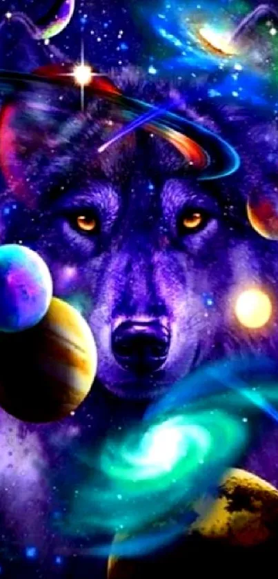 A cosmic wolf surrounded by colorful planets and galaxies.