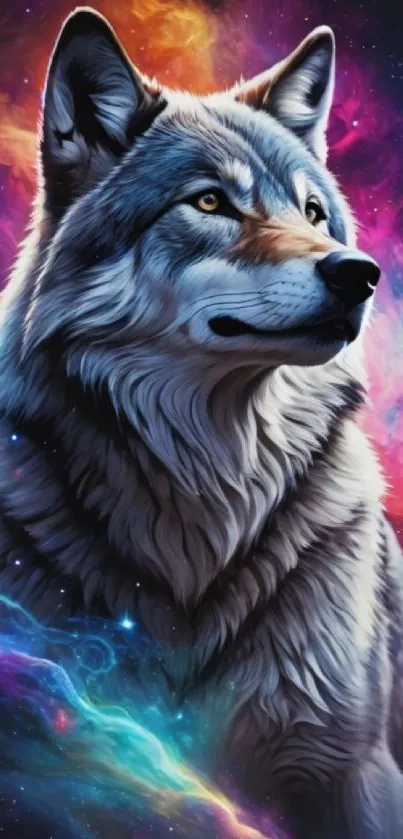 Wolf in colorful galaxy with stars, cosmic nebula backdrop.