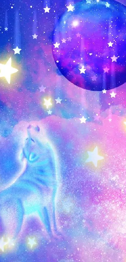 Cosmic wolf howling at stars in a galaxy-themed wallpaper.