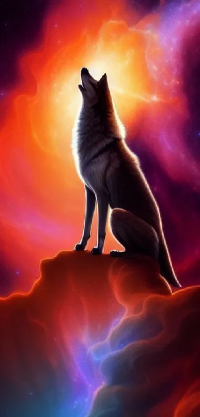 Wolf howling at vibrant cosmic galaxy scene, ideal for mobile wallpaper.