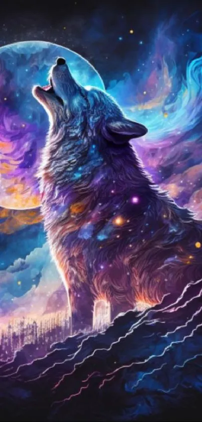 Cosmic wolf howling under a galaxy moon with vibrant neon colors.