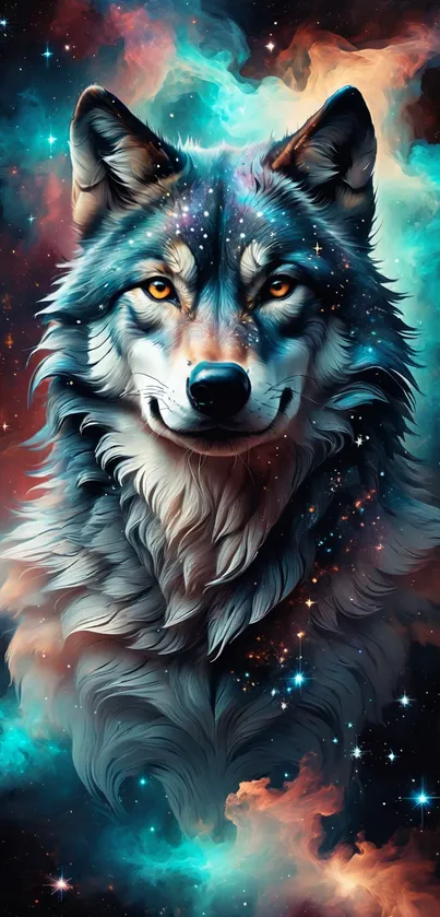 Cosmic wolf with nebula background, dark blue theme.