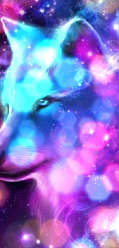 Cosmic wolf in vibrant galaxy wallpaper with purple hues.