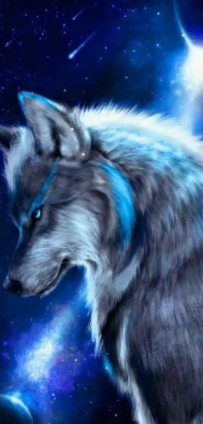 Cosmic wolf with galaxy background in blue hues.