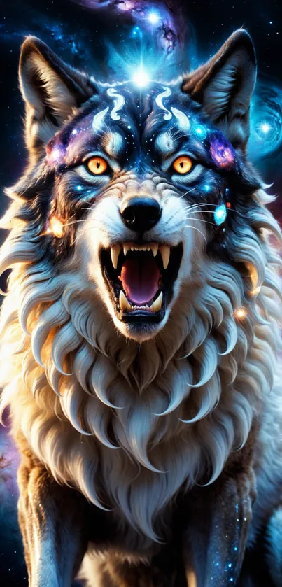 Mystical cosmic wolf with galaxy background and glowing eyes.