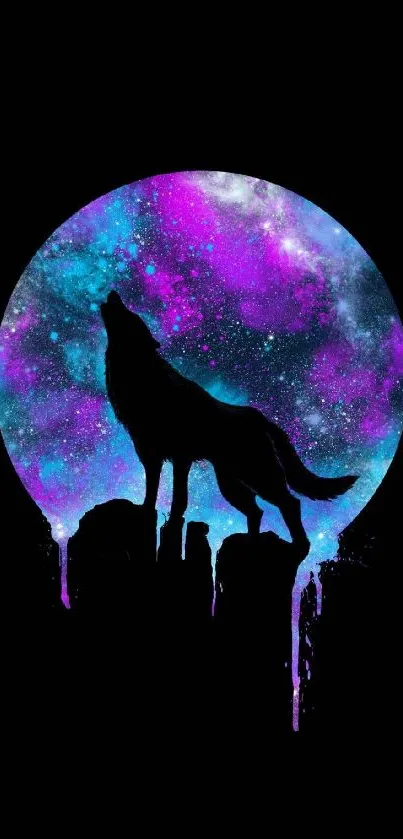 Silhouette of a howling wolf against a cosmic galaxy background.