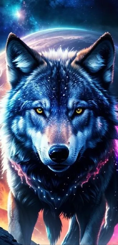Mystical wolf in cosmic space with vibrant colors.