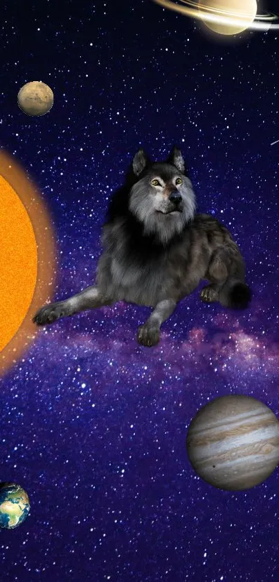 Majestic wolf in cosmic scene with planets, stars, and deep blue galaxy background.