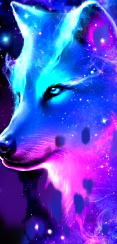 A vibrant cosmic wolf in blue and purple hues on a galaxy background.