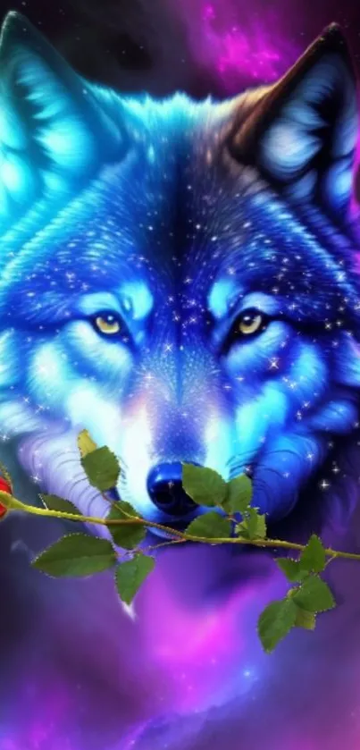 Cosmic wolf with blue fur holding a red rose, surrounded by a vibrant purple galaxy.