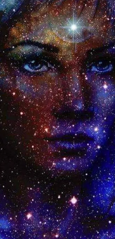 A cosmic woman blended beautifully into a vast galaxy, with vibrant blues and stardust.