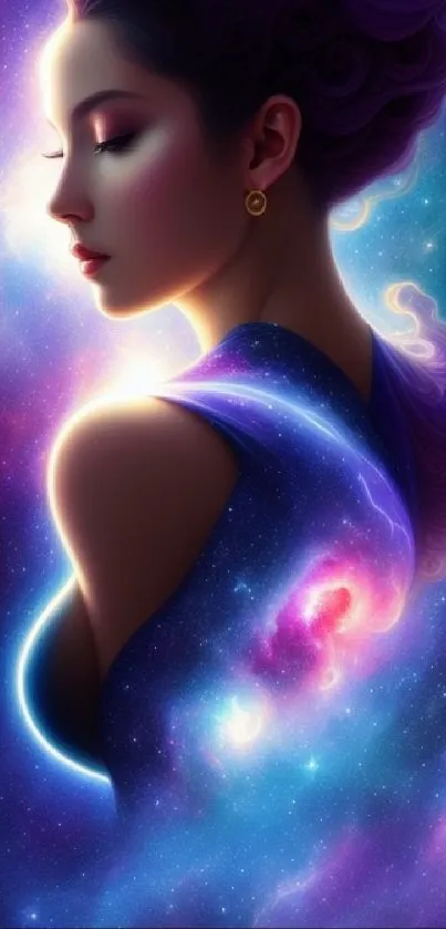 A woman with cosmic background in dreamy purple hues, perfect for phone wallpaper.