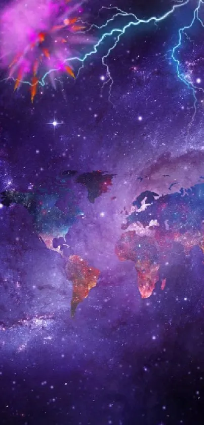 Cosmic wallpaper with world map and lightning in a purple galaxy.