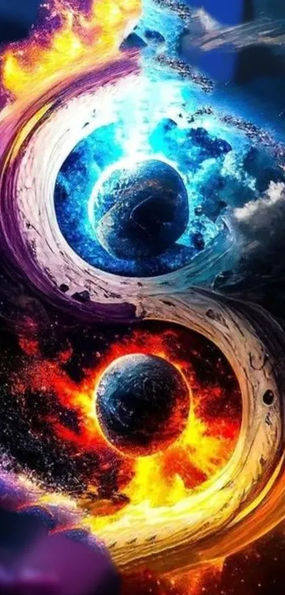 Vibrant cosmic yin yang mobile wallpaper.