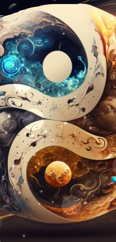 Abstract cosmic yin yang wallpaper with mystical elements and vibrant colors.