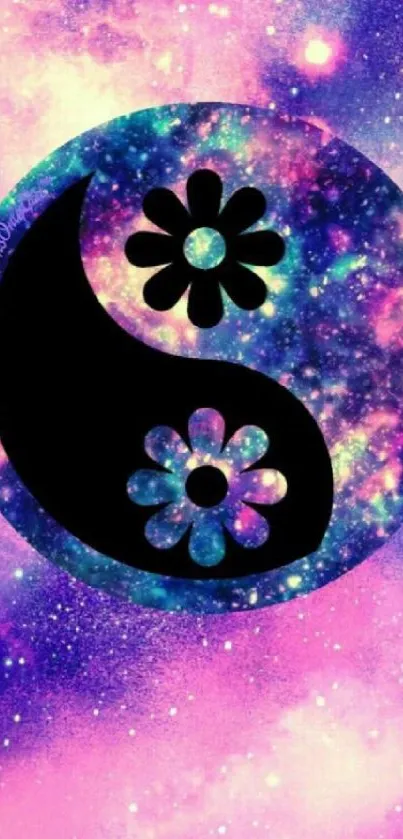 Vibrant cosmic yin yang wallpaper with galaxy and floral elements.