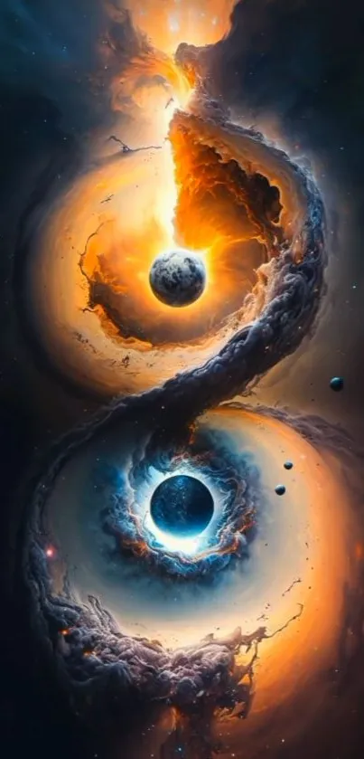 Cosmic Yin-Yang wallpaper with celestial bodies and vibrant colors.