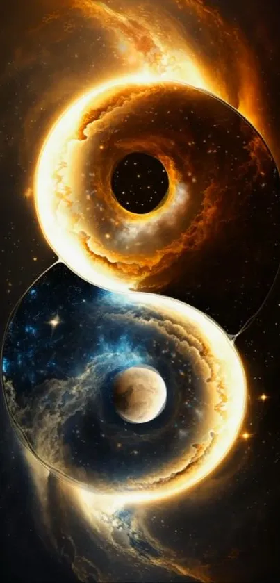 Cosmic themed Yin Yang wallpaper with vibrant space elements.