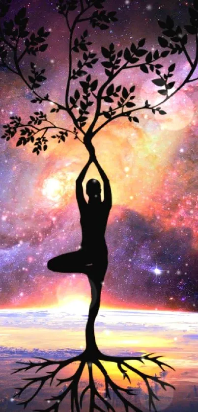 Silhouette of person in yoga pose with cosmic background and tree branches.
