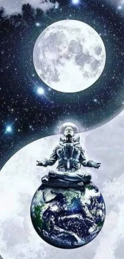 Astronaut meditating on Earth in cosmic yin yang design.