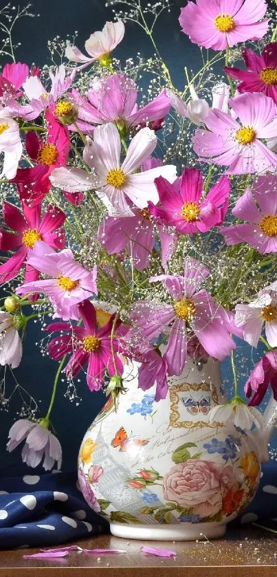 A vibrant pink cosmos flower vase, perfect for wallpaper.