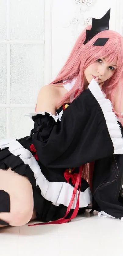 Anime-inspired girl in cosplay costume with pink hair and black outfit.