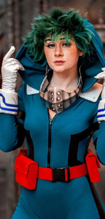 Vibrant cosplay character in teal and red costume on mobile wallpaper.