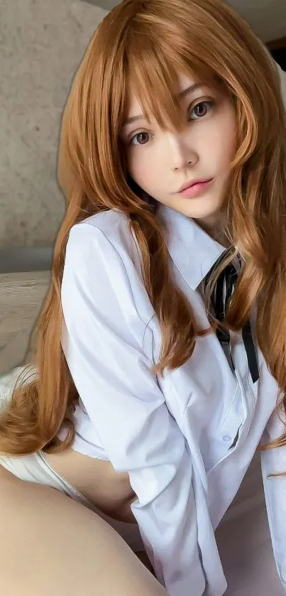 Cosplay girl with long brown hair in a white shirt and tie, sitting pose on bed.