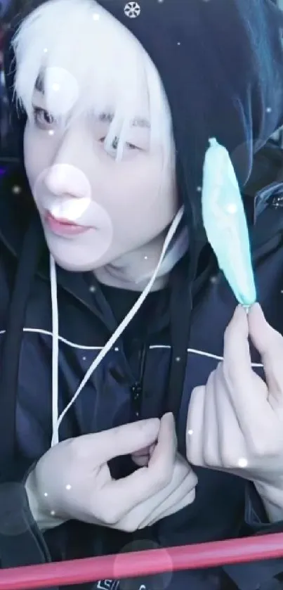 Person wearing dark hoodie, holding blue popsicle with snowflakes.