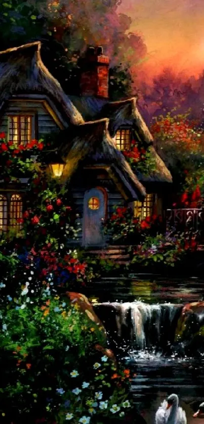 Charming cottage by a stream with a vibrant floral garden in the evening glow.