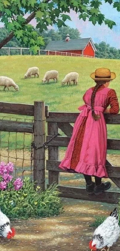 A girl in a pink dress on a farm watching sheep.