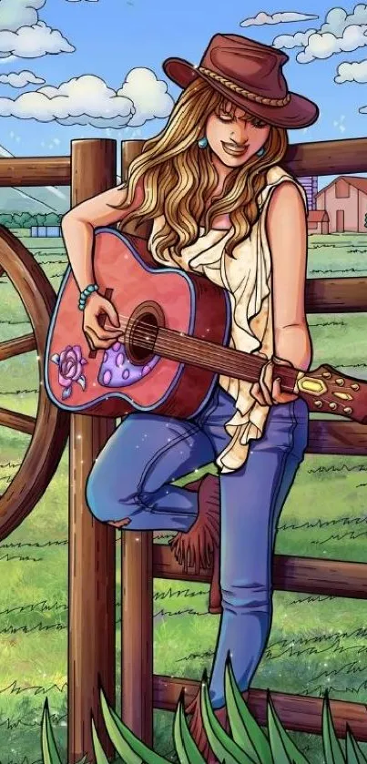 Country girl playing guitar in vibrant countryside art.