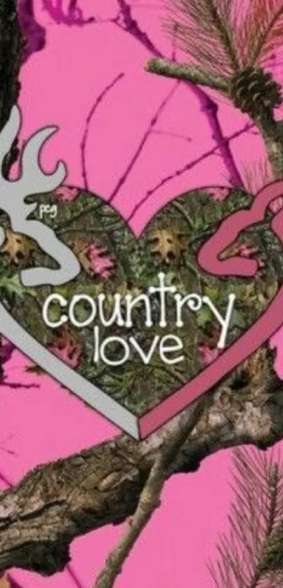 Pink country love heart wallpaper with nature elements.