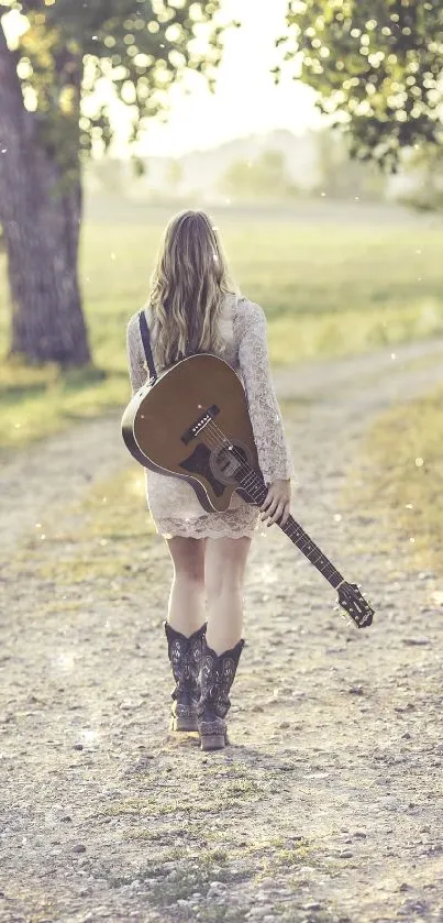 Woman walking on country road with guitar in tranquil natural setting.