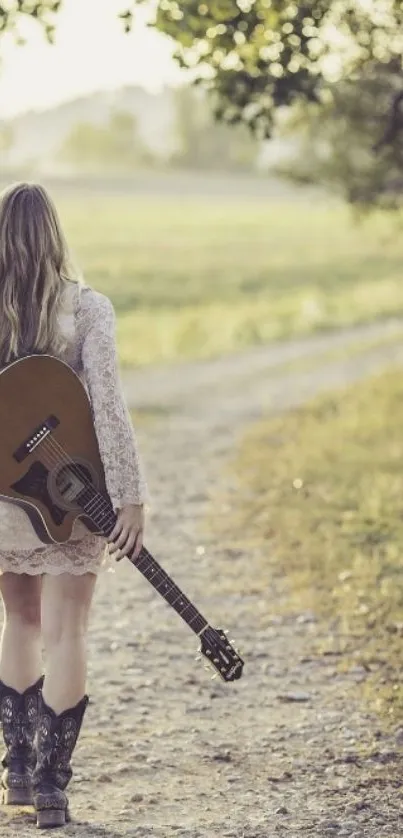 Woman with guitar walking on rural path.