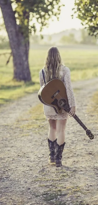 Woman on country road with guitar.