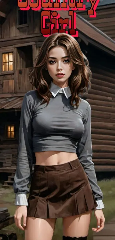 Rustic country girl with cabin in forest background.