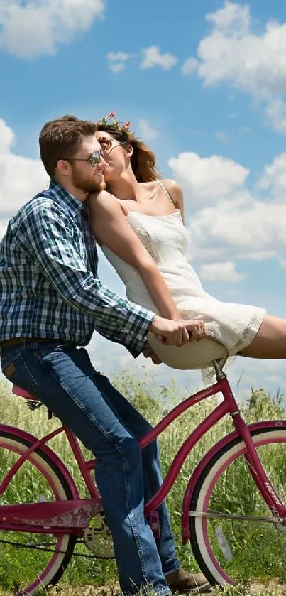 Couple enjoying a joyful bike ride under a bright blue sky.