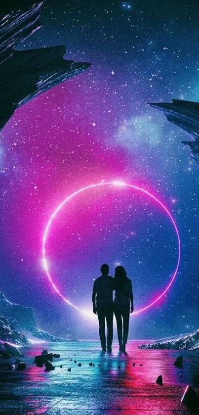 Silhouetted couple in cosmic cave with vibrant glowing circle.