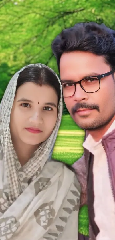 Couple posing in a lush green park background.