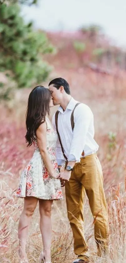 Couple embracing on a nature path in autumn hues.