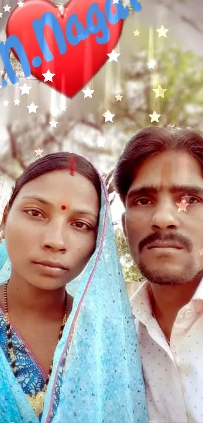 Couple in vibrant traditional attire with hearts and stars.