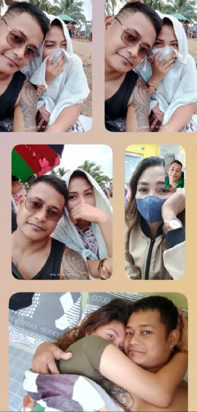 Collage of couple's selfies and memories on a beige background.