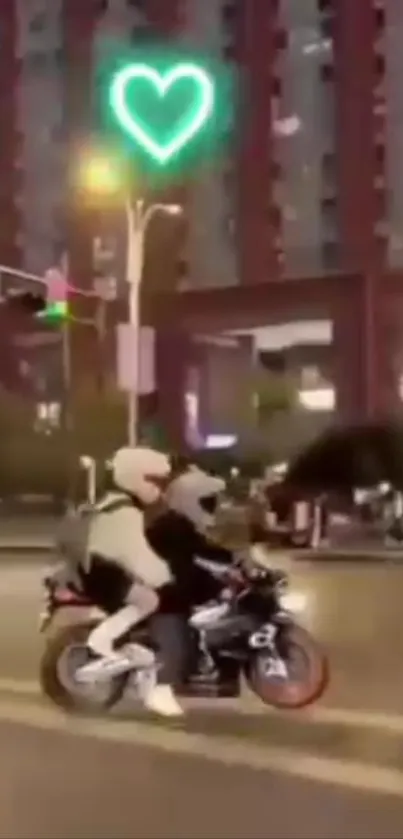 Couple in bear costumes riding a motorcycle under neon heart.