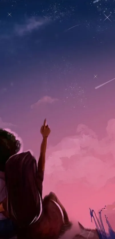 Couple silhouetted against a starry pink and blue sky, gazing upwards.