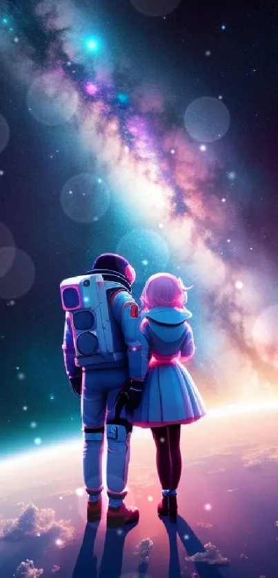 Couple gazing at a colorful galaxy in space-themed mobile wallpaper.