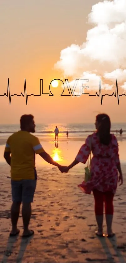 Couple holding hands at sunset with LOVE in sky.