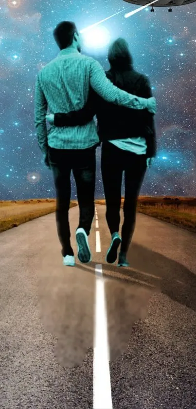 Couple walking under a starry sky on a deserted road, capturing romantic night vibes.