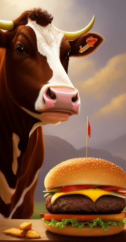 Realistic cow with burger mobile wallpaper.