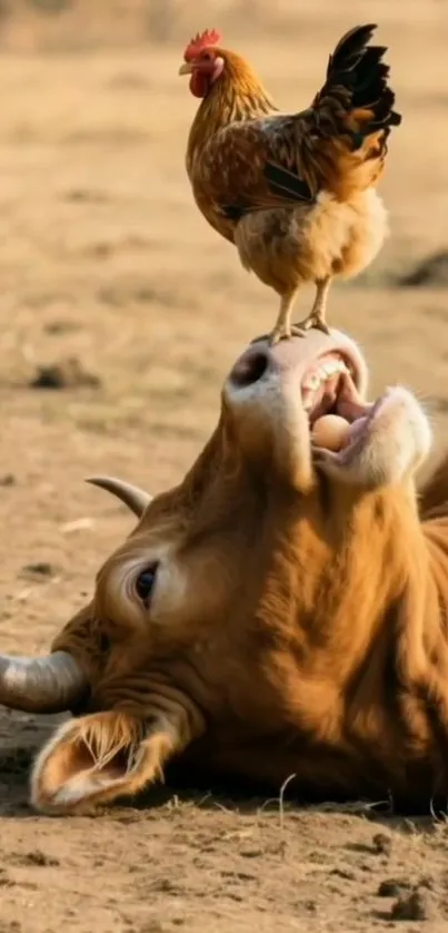 Cow lying on the ground with a rooster standing atop.